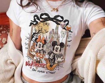 Vintage Coquette Mickey & Minnie Skeleton Nightmare On Main Street Baby Tee Crop Top, Mickey Skeleton Baby Tee, Disney Halloween Tank Top