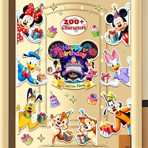 May include: A decorative door magnet set featuring Disney characters including Mickey, Minnie, Donald, Daisy, Pluto, Goofy, Chip, and Dale wearing party hats and holding gifts. The center displays a Disney Wish cruise ship, fireworks, and text reading Happy 5th Birthday, 200+ Characters, and Custom Name.