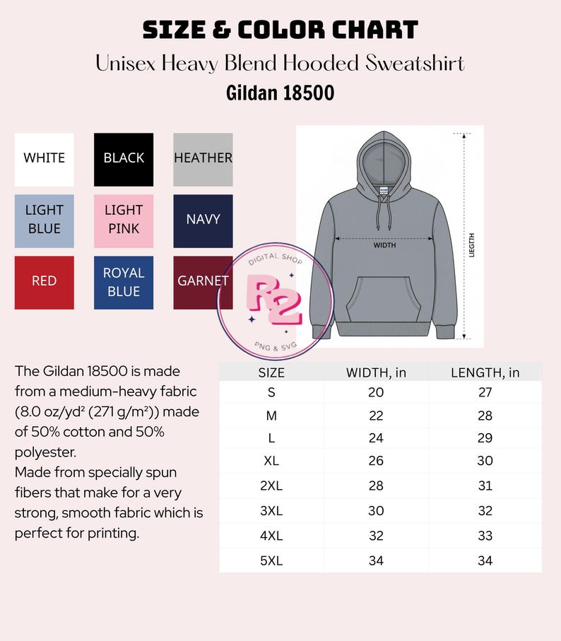 Może przedstawiać: Tabela rozmiar&oacute;w i kolor&oacute;w dla bluzy z kapturem unisex Gildan 18500. Obraz przedstawia ilustrację szarej bluzy z oznaczeniami szerokości i długości, paletę dziewięciu kolor&oacute;w oraz tabelę z rozmiarami od S do 5XL.