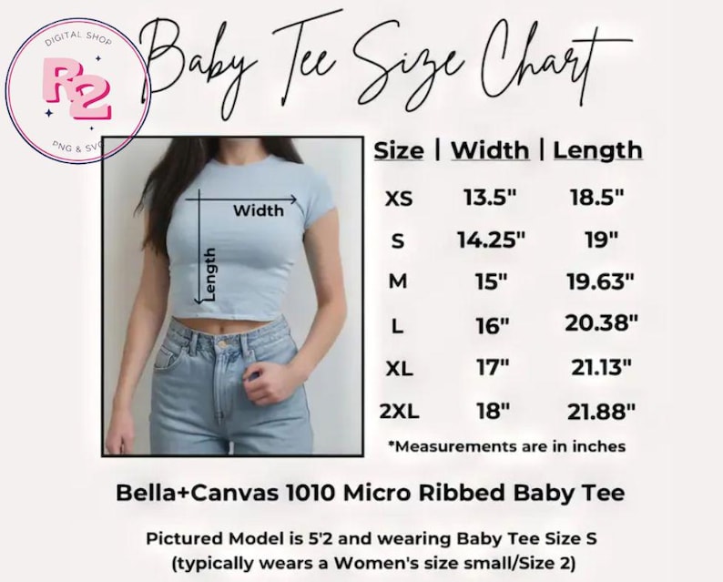 May include: A baby tee size chart with measurements in inches. The chart includes sizes XS to 2XL, with width and length measurements. A model is shown wearing a light blue baby tee. The text "Bella+Canvas 1010 Micro Ribbed Baby Tee" is also visible.