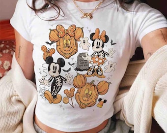 Vintage Pumpkin Mickey & Minnie Skeleton Not So Scary Baby Tee, Mickey Skeleton Baby Tee Crop Top, Disney Trip Halloween 2026 Tank Top