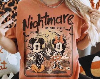 Vintage Mickey & Minnie Skeleton Nightmare On Main Street Comfort Colors Shirts, Mickey Skeleton Shirts, Disney Trip Halloween 2026 Shirts