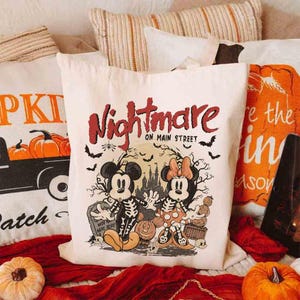 Canvas Tote Bag Disney Nightmare On Main Street, Disney Mickey Minnie Skeleton Eco Tote Bag, Halloween Tote Bag, Disney Tote Bags