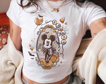 Retro Spooky Mickey Skeleton Halloween Baby Tee Crop Top, Mickey Skeleton Coquette Baby Tee, Disney Trip Halloween 2026, Halloween Baby Tee