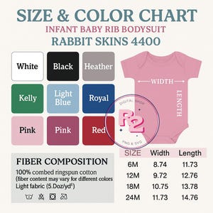 May include: Size and colour chart for an infant baby rib bodysuit. The chart shows available colours: white, black, heather, kelly, light blue, royal, pink, pink, and red. The chart includes size, width, and length measurements in inches.