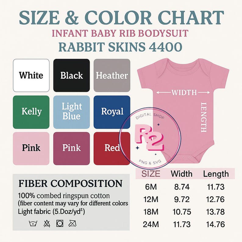 May include: Size and colour chart for an infant baby rib bodysuit. The chart shows available colours: white, black, heather, kelly, light blue, royal, pink, pink, and red. The chart includes size, width, and length measurements in inches.