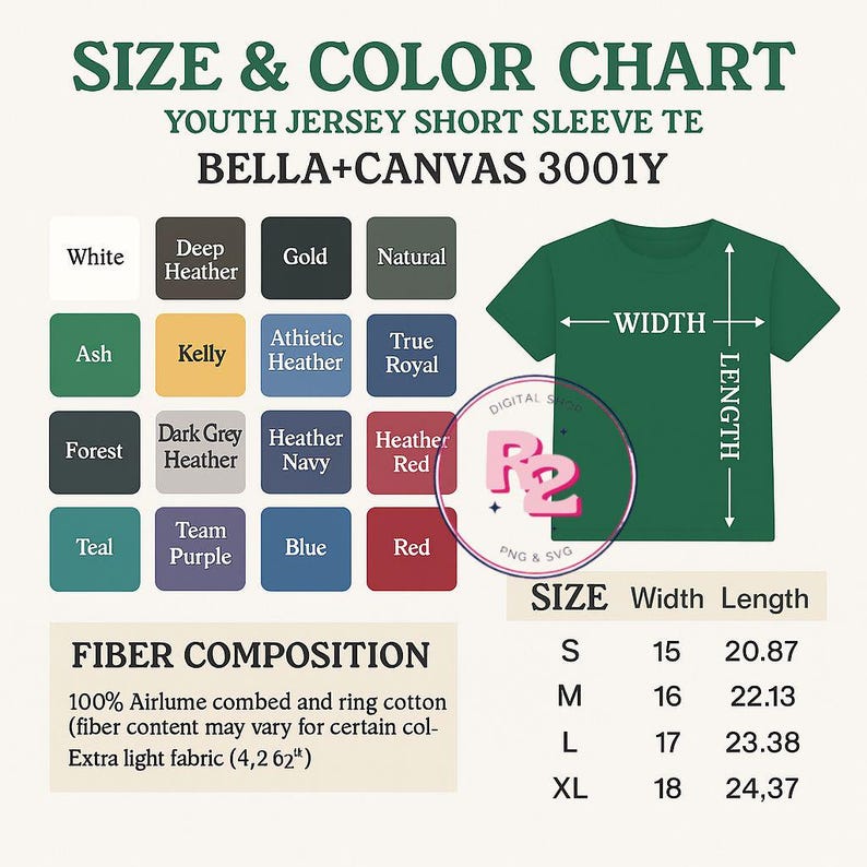 May include: Size and colour chart for a youth jersey short sleeve tee. The chart includes colour swatches in various colours, a green t-shirt graphic with width and length labels, and a size chart with measurements in inches. Fiber composition is listed.