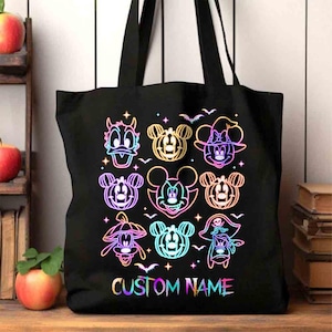 Custom Name Neon Mickey Minnie Halloween Tote bag, Disneyland Halloween party Mickey Tote Bag, Eco Tote Bag Halloween, Tote Bag 2025