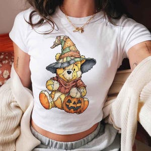 Retro Pooh Pumpkin Halloween Baby Tee Crop Top, Halloween Pooh Baby Tee, Disneyland Halloween 2025 Baby Tee, Spooky Pooh Halloween Shirt