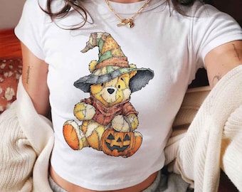 Retro Pooh Pumpkin Halloween Baby Tee Crop Top, Halloween Pooh Baby Tee, Disneyland Halloween 2026 Baby Tee, Spooky Pooh Halloween Shirt