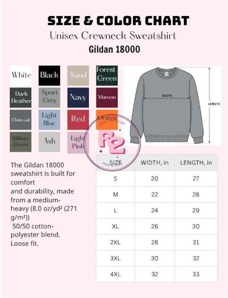 May include: Size and color chart for a unisex crewneck sweatshirt. The chart includes color swatches in various colors, a diagram of the sweatshirt with width and length measurements in inches, and a size chart with measurements in inches.