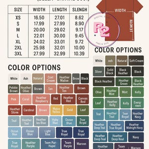 May include: Size and colour chart for a unisex short sleeve tee shirt. Includes measurements in inches, with sizes XS to 3XL. The colour palette offers options such as white, black, and various shades of blue, green, and red.