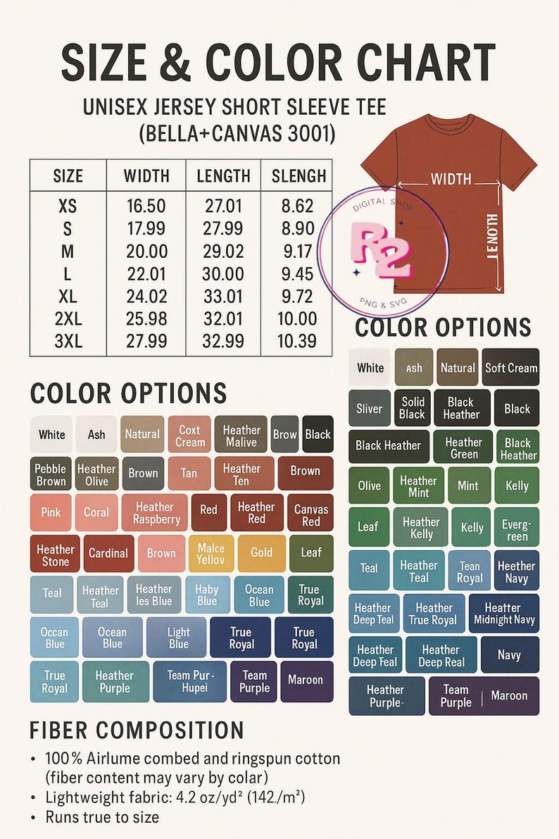May include: Size and colour chart for a unisex short sleeve tee shirt. Includes measurements in inches, with sizes XS to 3XL. The colour palette offers options such as white, black, and various shades of blue, green, and red.