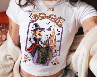 Customized Disney Princess Halloween Baby Tee Crop Top, Elsa Belle Cinderella Aurora Rapunzel Baby Tee, Disney Castle Shirt, Girl Trip Shirt