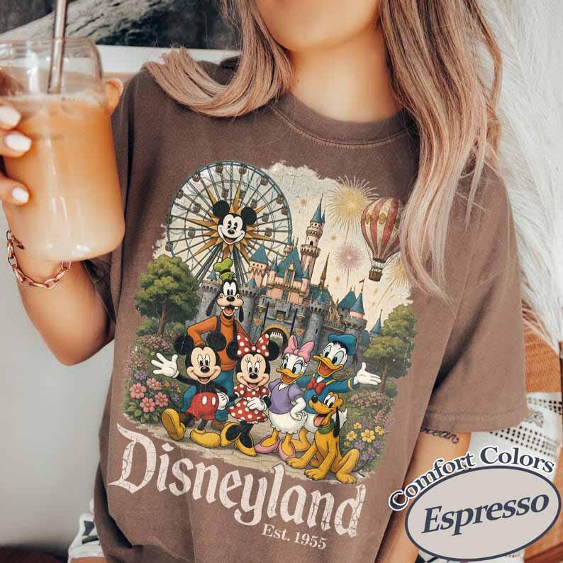 May include: A brown t-shirt featuring a graphic print of Mickey Mouse, Minnie Mouse, Goofy, Donald Duck, and Pluto in front of a castle, a Ferris wheel, and a hot air balloon. The text Disneyland Est. 1955 is printed below the characters.