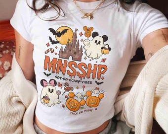 Retro Spooky Mickey Minnie Ghost Halloween Baby Tee Crop Top, Disney MNSSHP Baby Tee, Disney Trip Halloween 2026, Not So Scary Baby Tee