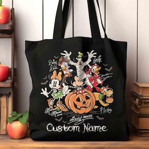 Retro Mickey & Friends with Signs Halloween Tote Bag, Mickey's Not So Scary Halloween Shoulder Bag, Halloween Party Trip 2025 Eco Tote Bag