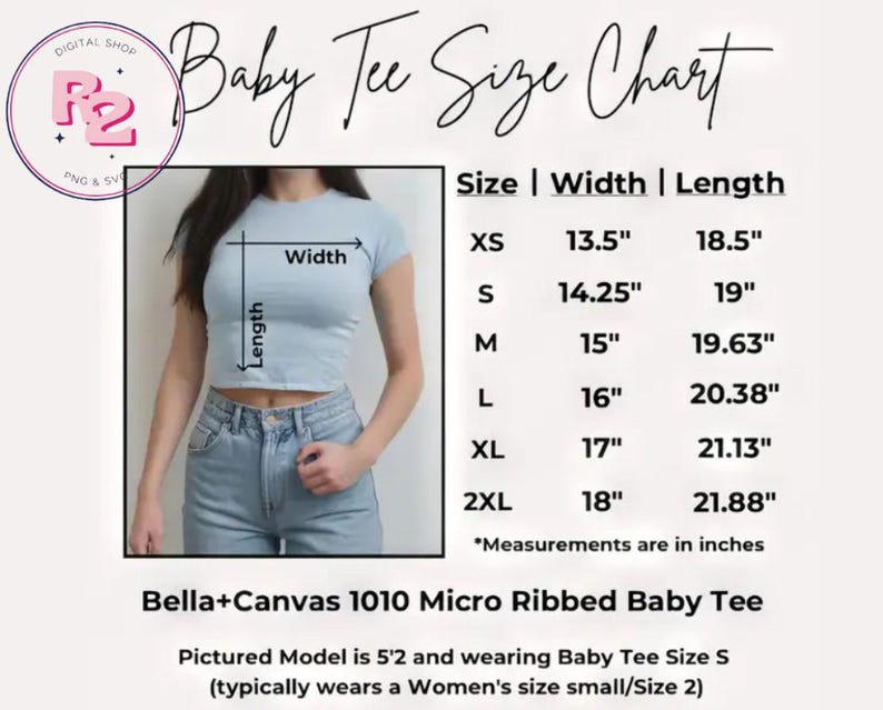 May include: A baby tee size chart with measurements in inches. The chart includes sizes XS to 2XL, with width and length measurements. A model is shown wearing a light blue baby tee. The text "Bella+Canvas 1010 Micro Ribbed Baby Tee" is also visible.