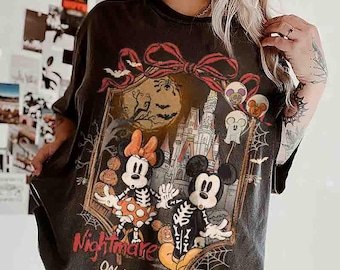 Vintage Coquette Mickey & Minnie Skeleton Nightmare On Main Street Comfort Colors Shirts, Mickey Skeleton Shirts, Disney Trip Halloween 2026