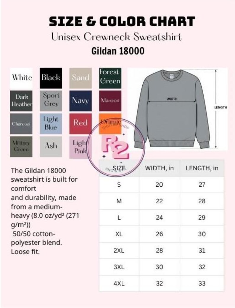 Może przedstawiać: Tabela rozmiar&oacute;w i kolor&oacute;w bluzy unisex z okrągłym dekoltem Gildan 18000. Grafika przedstawia pr&oacute;bki kolor&oacute;w, rysunek liniowy bluzy ze wskaźnikami szerokości i długości oraz tabelę z rozmiarami od S do 4XL z wymiarami podanymi w calach.