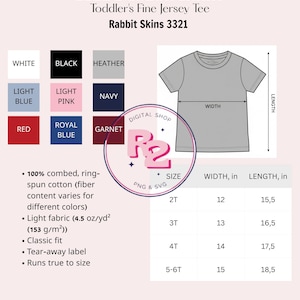 May include: Size and color chart for a toddler's fine jersey tee shirt. The chart includes color swatches in white, black, heather, light blue, light pink, navy, red, royal blue, and garnet. Measurements are provided in inches for width and length.