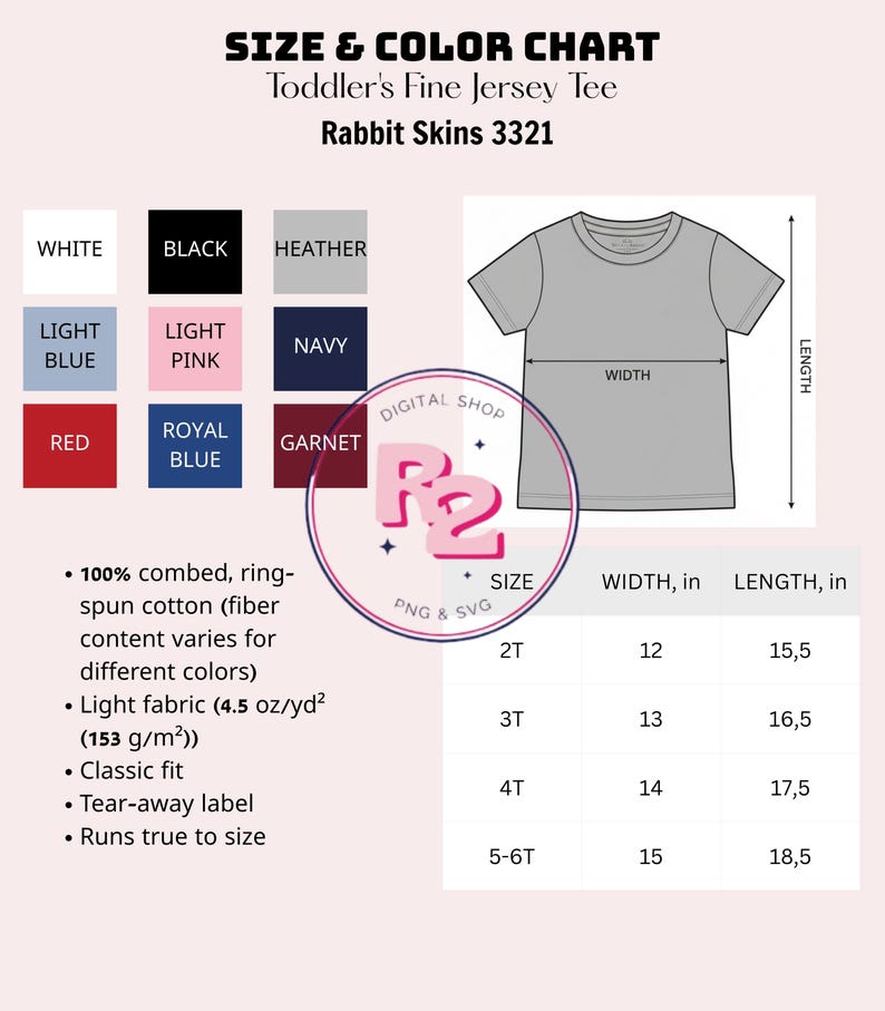 May include: Size and color chart for a toddler's fine jersey tee shirt. The chart includes color swatches in white, black, heather, light blue, light pink, navy, red, royal blue, and garnet. Measurements are provided in inches for width and length.