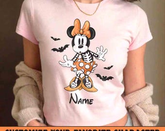 Custom All Characters Retro Spooky Mickey and Friends Skeleton Halloween Baby Tee, Mickey Skeleton Baby Tee Shirts, Disney Trip Baby Tee