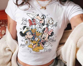 Retro Mickey and Friends Signatures Disney Cruise Squad Baby Tee, Mickey and Friends Cruise Baby Tee, Disney Cruise 2026 Baby Tee Shirt