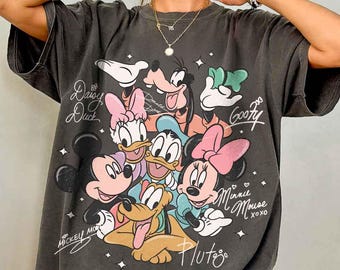 Retro Mickey and Friends Signatures Comfort Color Shirt, Disney Characters Tee, Disney Mouse Head Tee, Mickey & Co Gift, Disney Tee