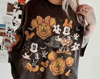 Vintage Pumpkin Mickey & Minnie Skeleton Nightmare On Main Street Comfort Colors Shirts, Mickey Skeleton Shirts, Disney Trip Halloween 2026