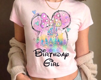 Watercolor Mickey Minnie Ears Cinderella Castle Disney Birthday Shirt, WDW Disneyland Family Birthday Trip Tee, Birthday Boy/Girl Shirt