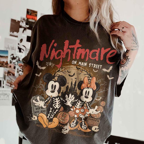 Vintage Mickey & Minnie Skeleton Nightmare On Main Street Comfort Colors Shirts, Mickey Skeleton Shirts, Disney Trip Halloween 2026 Shirts