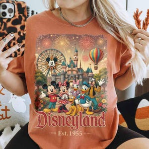 May include: A rust-colored t-shirt featuring a graphic print of Mickey Mouse, Minnie Mouse, Donald Duck, Goofy, and Pluto in front of a castle, a Ferris wheel, and a hot air balloon with fireworks. The text reads Disneyland Est. 1955.