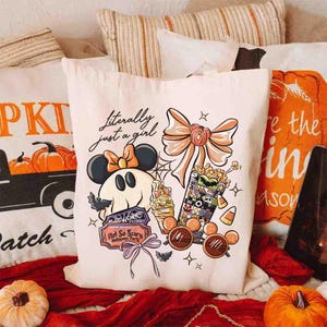 Canvas Tote Bag Disney Minnie Coquette Bow Literally Just A Girl Halloween Party, Disney Halloween Gift, Halloween Tote Bag