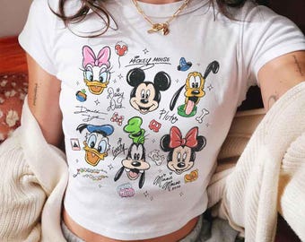 Retro Mickey and Friends Signatures Baby Tee Crop Top, Disney Balloon Baby Tee, Disney Characters Baby Tee, Mickey & Co Baby Tee,Disney Trip