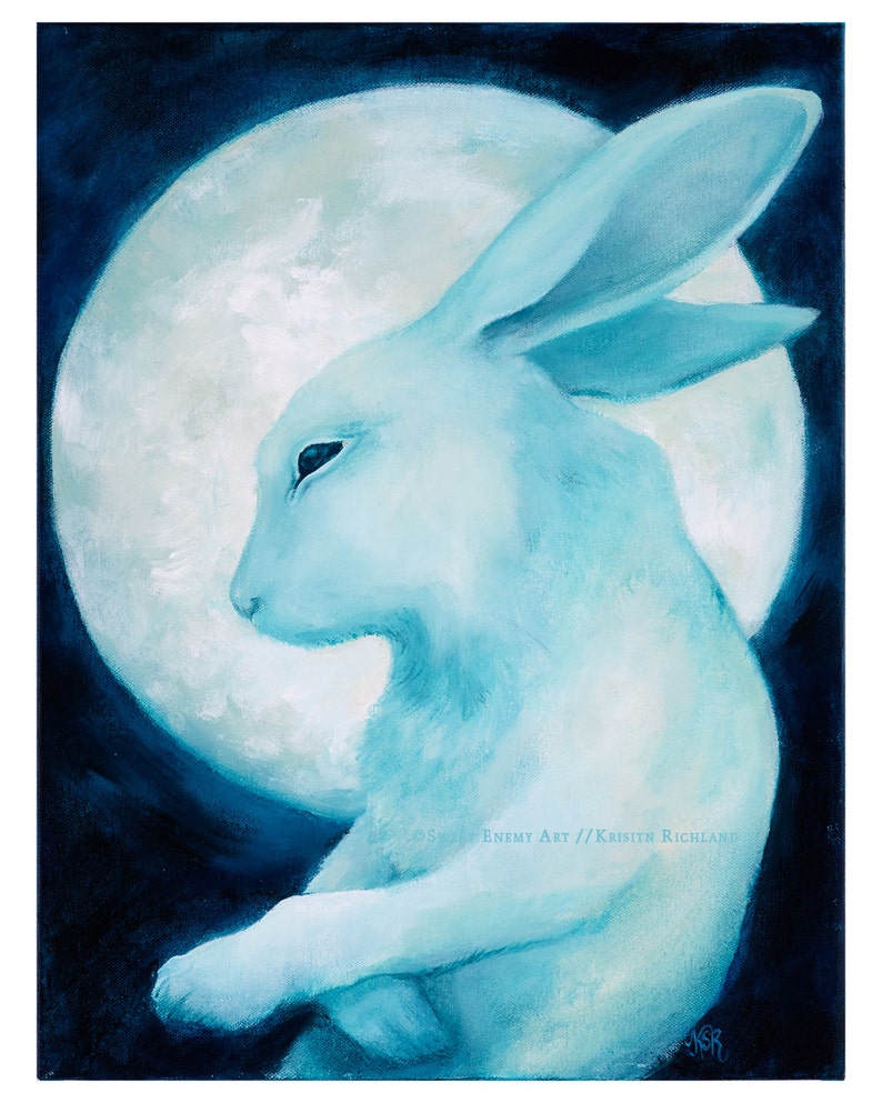 Gentle Ghost Rabbit Drifting Past the Moon // 11x14 Art Print Etsy