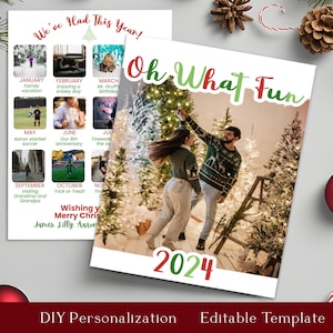 Kerstkaartsjabloon, jaaroverzicht bewerkbare kerstkaart, familie digitale kerstkaart, kerstkaart met foto, kleurrijke kerst