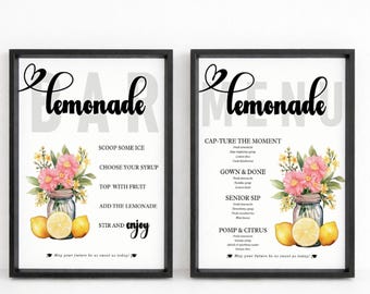 Pacchetto insegne bar limonata per laurea, menu modificabile per la stazione delle bevande (download digitale)