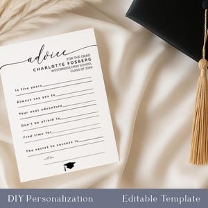 Plantilla de tarjeta de consejos de graduación, recuerdo imprimible, actividad editable para fiesta de 25 años, decoración de graduación DIY, SG25