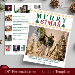 May include: A Christmas card with the text "MERRY 67MAS" and a photo of a couple in front of Christmas trees. The card includes a family photo and a calendar with photos from different months. The card is surrounded by Christmas decorations.