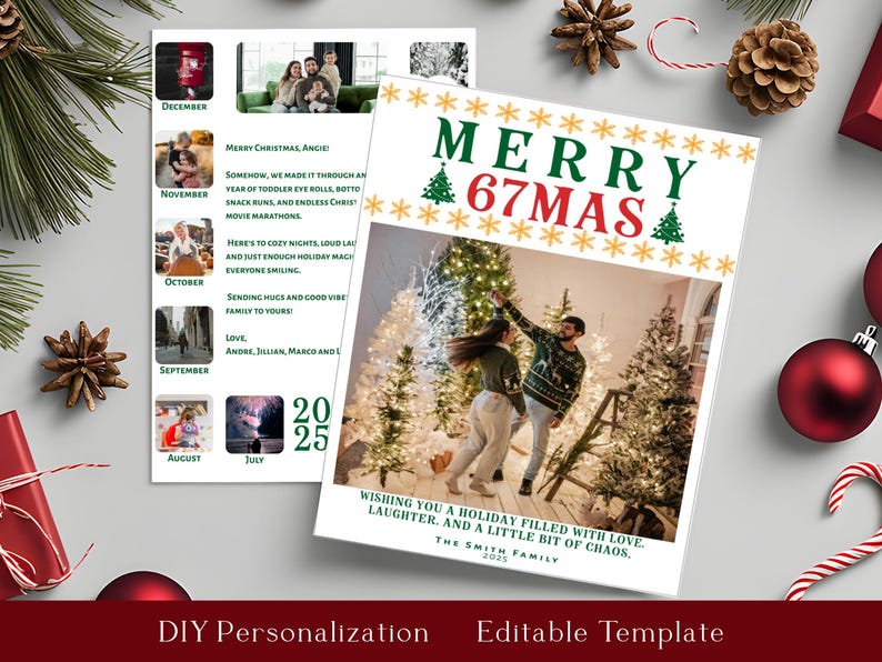 May include: A Christmas card with the text "MERRY 67MAS" and a photo of a couple in front of Christmas trees. The card includes a family photo and a calendar with photos from different months. The card is surrounded by Christmas decorations.
