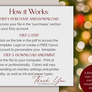 May include: A white card with burgundy text detailing the steps to download and print a digital file. The text includes instructions on purchasing, editing, and printing. A bonus Canva User Guide is included with the purchase.
