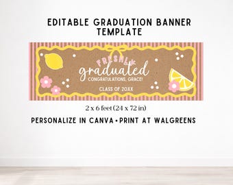 Modello di banner per neolaureati, decorazioni per feste di laurea eleganti, banner di laurea modificabile su Canva, estetica limone e fragola, formato stampabile 2x6