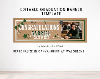 Striscione di laurea con foto, modello Canva modificabile, decorazione stampabile per la festa di laurea di un ragazzo, 60x180 cm