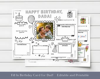 Pagina da colorare per il compleanno di Dada, Scheda di intervista con spazi vuoti da compilare (Modello modificabile)