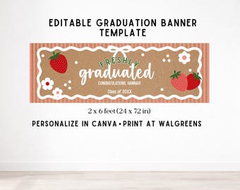 Modello di striscione di laurea modificabile, decorazioni per feste di laurea a tema fragole, cartello "Freshly Graduated", modello Canva, striscione "Class of 2026", 2x6