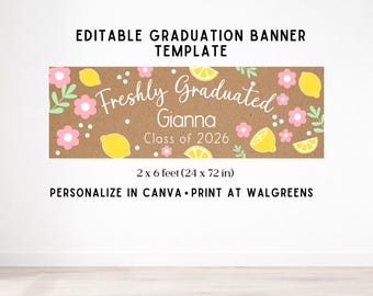 Modello di banner di laurea modificabile, design floreale con limoni per neolaureati (download digitale)