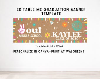 Modello di striscione modificabile per la cerimonia di diploma della scuola media, design retrò con coriandoli, cartello di laurea personalizzato (60 x 180 cm)