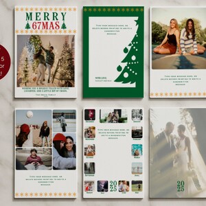 May include: A collection of Christmas cards with various designs. One card features a photo of a couple decorating a tree with the text "MERRY 67MAS". Other cards include a green Christmas tree, photos, and the year 2025.