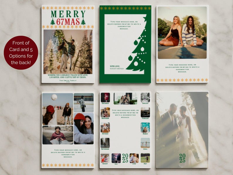 May include: A collection of Christmas cards with various designs. One card features a photo of a couple decorating a tree with the text "MERRY 67MAS". Other cards include a green Christmas tree, photos, and the year 2025.